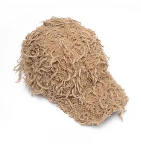 Detailed texture view of khaki fringe baseball cap with unique distressed fabric strips
