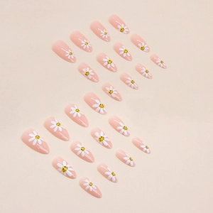 Cute almond pink press-on nails with white daisies and yellow smile faces set of 24