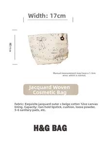 Detail view of cream makeup bag with black bow patterns and 17x14cm size dimensions