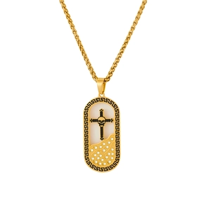 18K gold-plated stainless steel cross necklace with skull detail and crystal accents