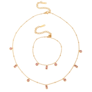 Parure de bijoux en acier inoxydable doré 18K avec pendentifs en cristal rose variés