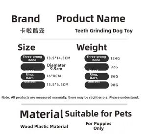 Size chart for wood-plastic dog chew toys including bone, ring, and dart shapes