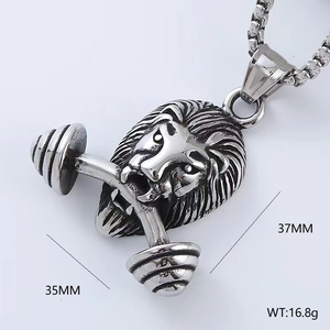 Detailed specs of lion head pendant with dumbbell showing height 37MM and weight 16.8g