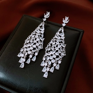 Vue détaillée des boucles d'oreilles à franges en argent avec cristaux de zircone brillants