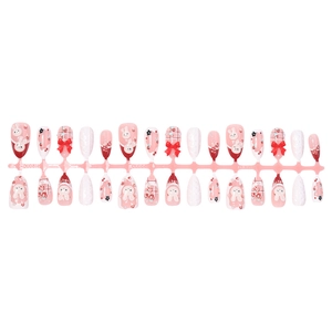 Handmade press-on nails featuring cute red bows, bunny art, and strawberry patterns