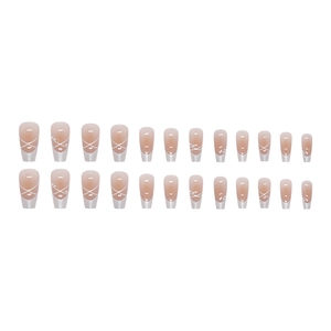 24pcs ballet fake nails with pink gradient, white french stripes and pearl accents