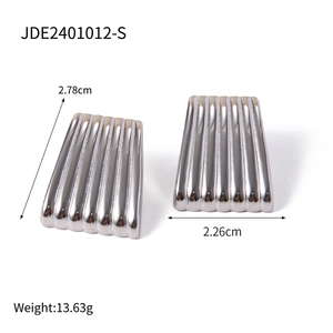 Detailed view of silver trapezoid earrings with vertical ribs measuring 2.78cm by 2.26cm