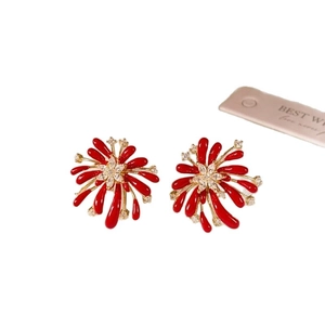 Vintage style red enamel firework stud earrings with sparkling diamonds on gold metal