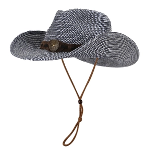 Blue and white woven straw cowboy hat with a metal star emblem and adjustable chin cord