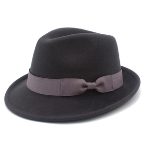 Classic dark grey wool felt fedora hat with elegant ribbon bow on white background
