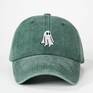 Vintage dark green washed cotton baseball cap with embroidered ghost for Halloween