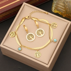 Dettagli del set bracciale e orecchini albero della vita dorati con accenti turchesi su scatola