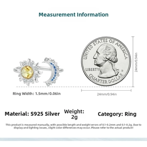 Detailed S925 silver ring measurement with sun and moon motifs next to a coin