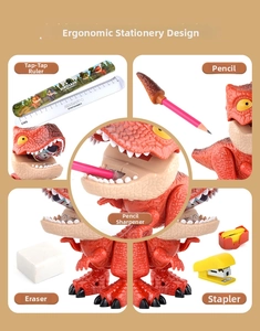 Macro detail of red T-Rex 5-in-1 stationery set showing sharpener and hidden storage tools