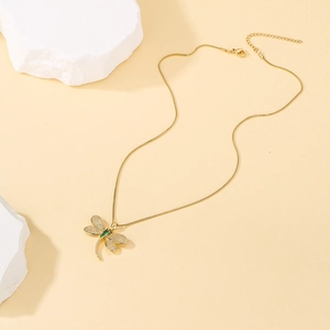 18K gold plated necklace featuring a dragonfly pendant with green and clear zircon stones