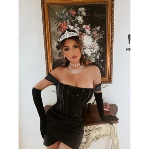 Robe Mini En Satin À Paillettes Épaules Dénudées Corset Sexy Moulante Fête Cocktail Club Pour Femmes