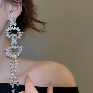 Detailed close-up of long silver fringe earrings with sparkling teardrop zircons on model