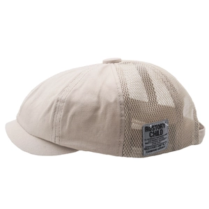 Beige mesh patchwork newsboy cap with vintage woven label for men and women