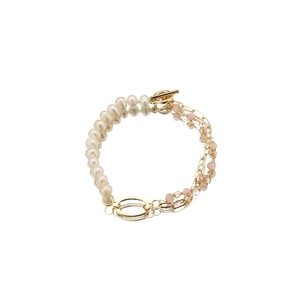 Elegant natural pearl bracelet with pink amethyst beads and gold-plated OT toggle clasp