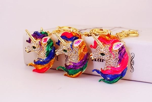 Detailed macro view of rainbow enamel unicorn head keychains with rhinestones