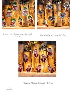 Detailed view of LED Christmas string lights featuring snowman and Santa Claus designs