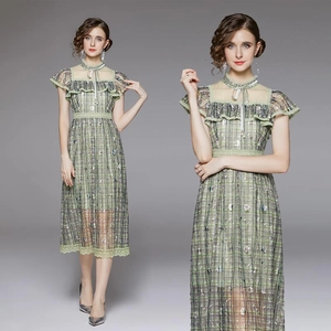 Abito Midi In Maglia A Quadri Verde Scuro Donna Elegante Ricamo Floreale Pizzo Patchwork Manica A Volant Collo Alto Fiocco