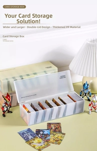Macro detail of extra-wide thickened PP trading card storage box with dual opening lids