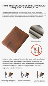 Detail view of the RFID blocking silver fiber lining inside a crazy horse leather wallet