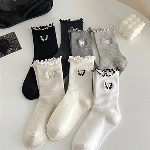 Women Crew Socks Cotton Ribbed Knit Embroidered Bow Ruffle Edge Mid Calf Japanese Style Soft Casual For Ladies Girls