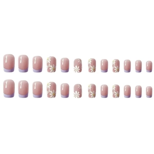 Pink French tip press-on nails with white daisy floral prints in 24 piece set