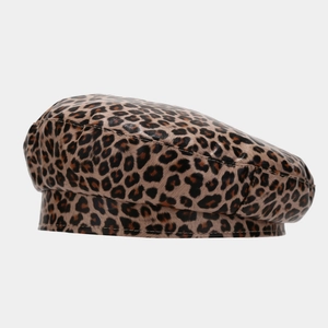 Stylish leopard print PU leather beret hat with a classic retro flat cap structure