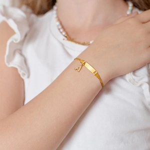 Stainless Steel Initial Bracelet Gold Plated Rectangular ID Bar Pave Zircon Letter Charm Minimalist Cuban Link Jewelry