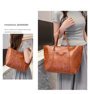 Brown vintage oil wax leather tote bag with card slot and long shoulder straps