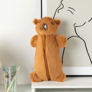 Detailed view of plush capybara pencil case with cute embroidery and durable zipper
