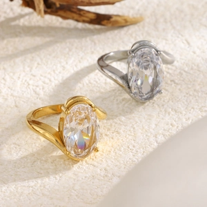 Luxurious 18K gold plated stainless steel rings featuring large oval cubic zirconia stones