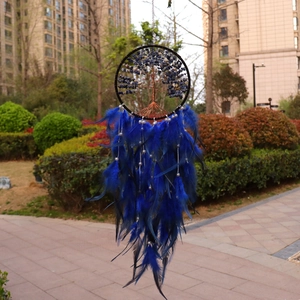 Blue crystal gravel Tree of Life dream catcher wind chime with dark blue feathers