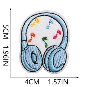 Detail of blue headphone embroidery patch with colorful music notes and size scale