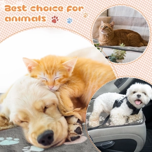 Detailed view of soft grey flannel pet blanket with cute paw prints for car and sofa use