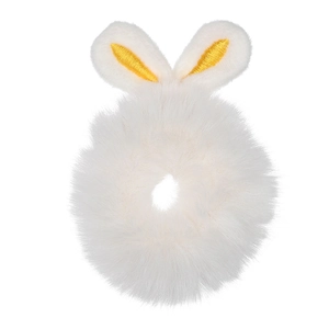 Detail of a white faux rabbit fur scrunchie with cute yellow-lined plush bunny ears
