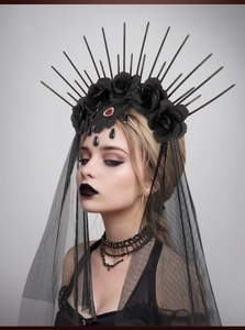 Gothic crown detail with black roses, radiating spikes and a red gemstone center