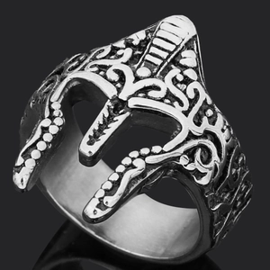 Macro view of vintage Spartan helmet ring with silver finish and detailed engraving