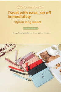 Selection of long multi-slot wallets in six colors with zippers and wrist straps