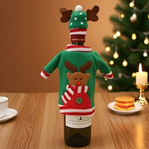 Christmas wine bottle cover set with knitted sweater and reindeer decor for holiday table
