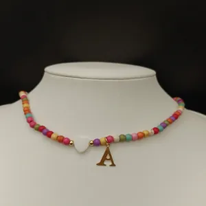 Colorful Beaded Necklace With Stainless Steel Gold Letter Pendant And Heart Charm Fashion Clavicle Chain For Women