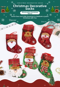 Set of 6 Christmas stockings featuring Santa, Snowman, and Reindeer with plaid patterns