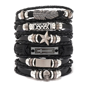 Leather Braided Bracelets With Skull Cross Feather Metal Charms Vintage Punk Hip Hop Style For Men