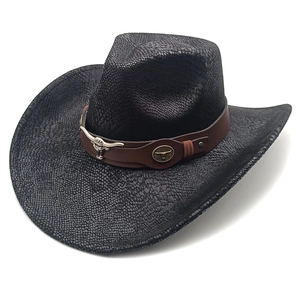 Western cowboy hat in black faux snakeskin texture with a silver bull head buckle detail