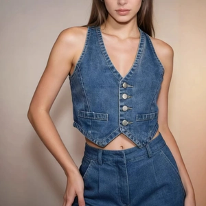 Women Denim Vest Cropped Sleeveless V Neck Button Up Casual Vintage Washed Denim Waistcoat Top