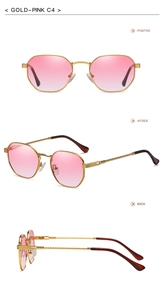 Three-angle views of pink gradient lenses and golden spiral metal sunglasses frames