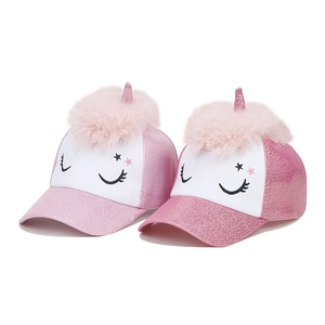 Pink sequin unicorn baseball cap for girls with plush horn and cute embroidered design